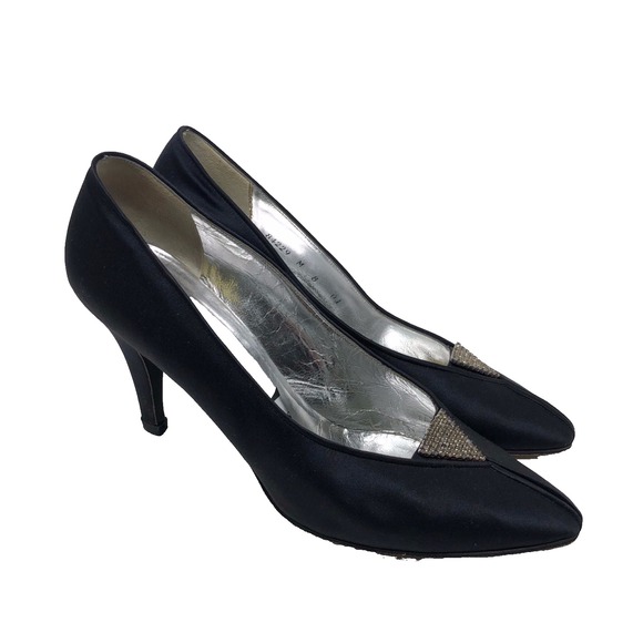 Vintage YSL Yves Saint Laurent Pumps Heels Womens 8 Black Satin Rhinestone - Picture 2 of 15